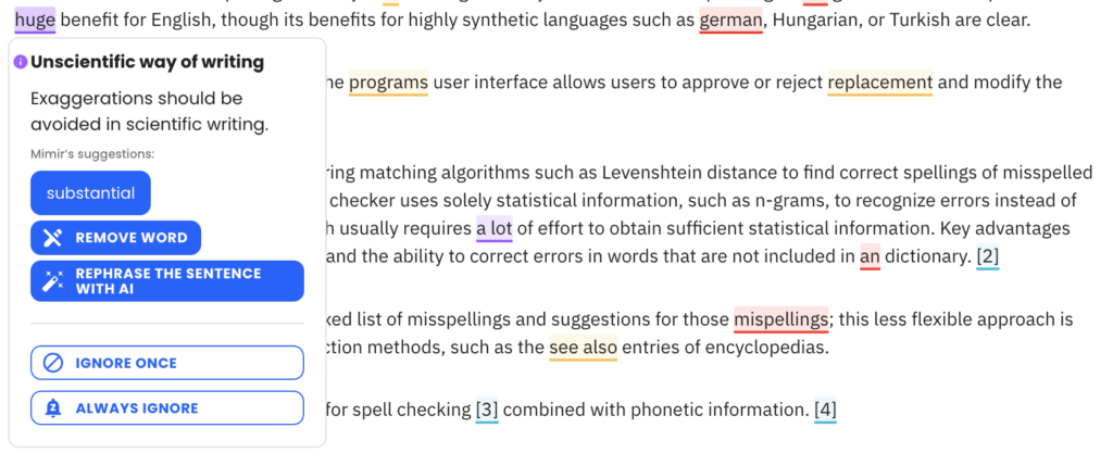 Spell Checker: a screenshot of Mimir Mentor (winner 2025) - unscientific writing