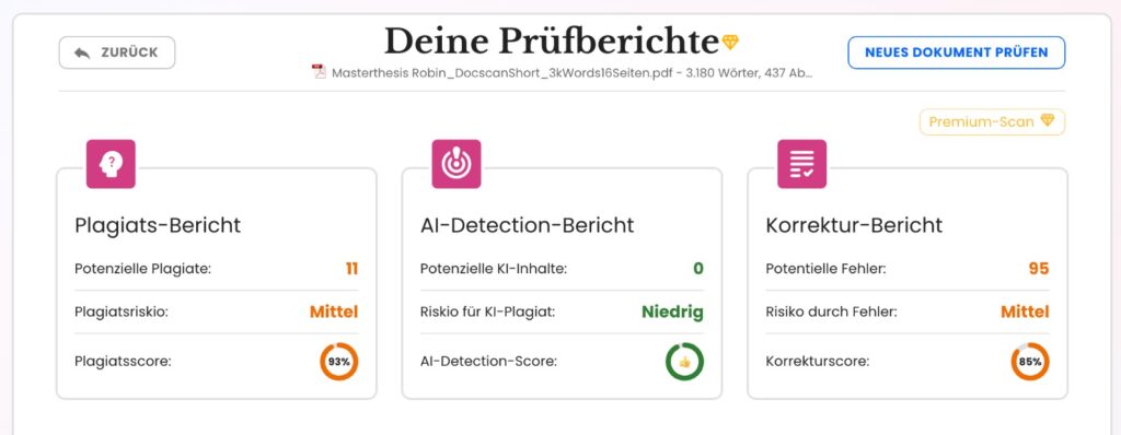 Mimir-Berichtübersicht mit KI-Markierungen und Plagiatstreffern