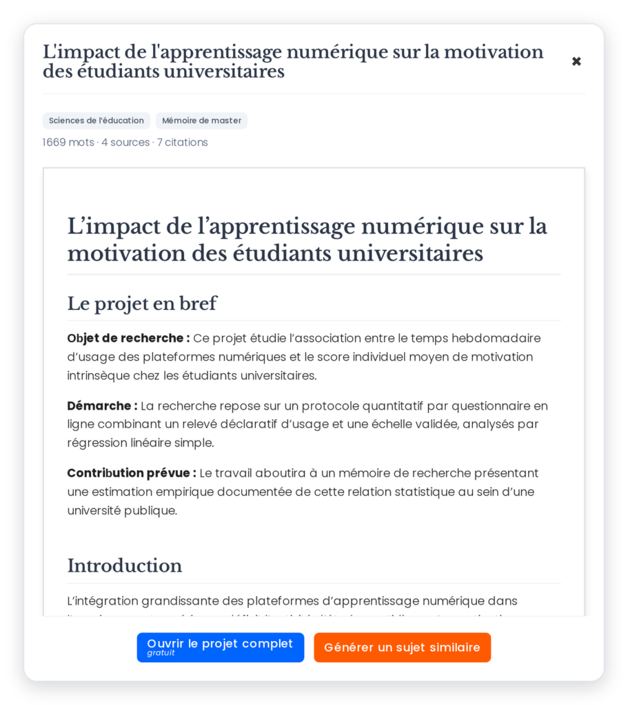 Exemples De Sujets De Mémoire 5 Aperçu d’un exemple de projet de recherche en français avec nombre de mots, sources et citations
