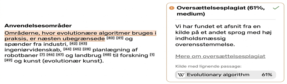 Skærmbillede fra Mimir Mentor: oversættelsesplagiat