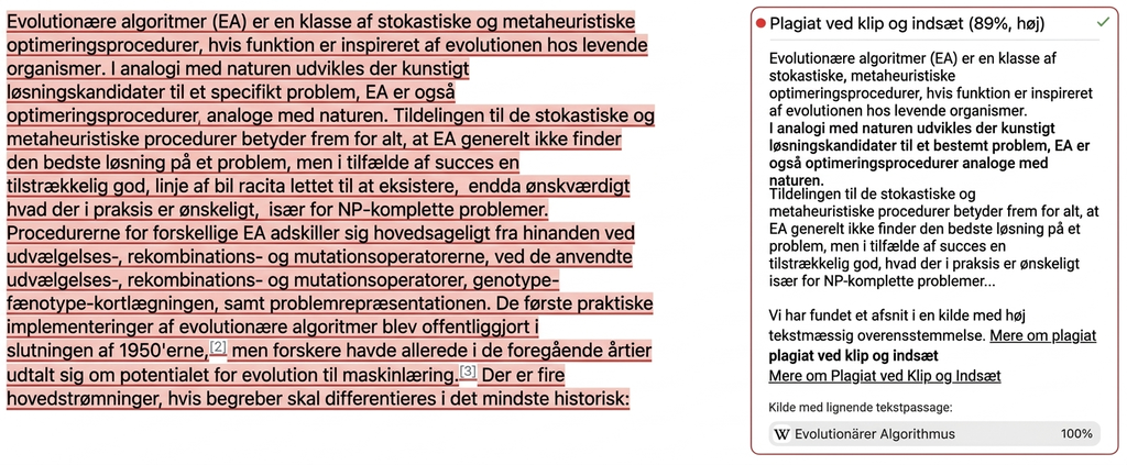 Skærmbillede fra Mimir Mentor: copy paste-plagiat