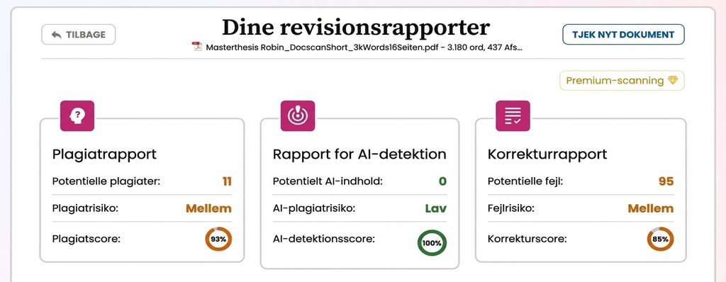 Mimirs rapportoversigt med AI-markeringer og plagiatfund