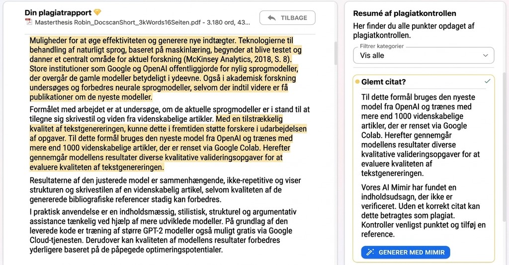 Mimir Mentor markerer ved hjælp af AI også udsagn uden kilde i teksten og foreslår passende kilder