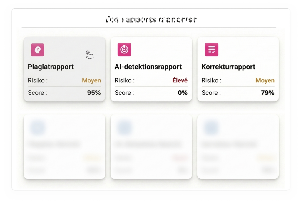Plagiat Tjek 15 Illustration af rapporterne for plagiatkontrol, AI detektion og korrektur med scorer på 95 %, 0 % og 79 %.