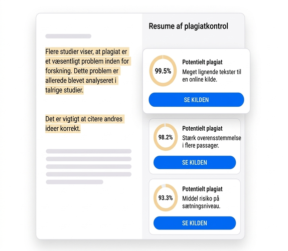 Plagiat Tjek 14 Visning af plagiatkontrollen med tre advarsler om muligt plagiat og overensstemmelser på 99,5 %, 98,2 % og 93,3 %.