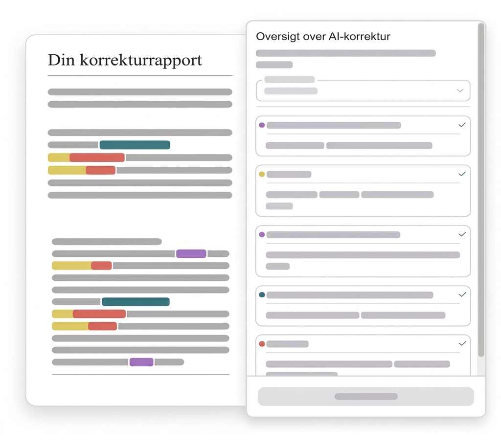 Stavekontrol Og Grammatik 14 Korrekturrapport med fremhævede passager og resumé af AI korrekturen.