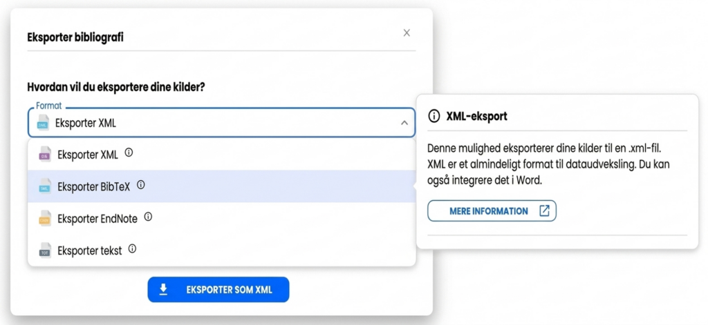 Eksport af litteraturlisten som XML, BibTeX, EndNote eller tekst.