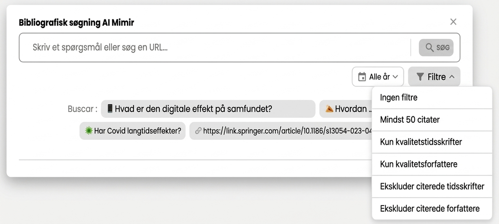 Litteratursøgning med AI: spørgsmål, filtre og forslag.