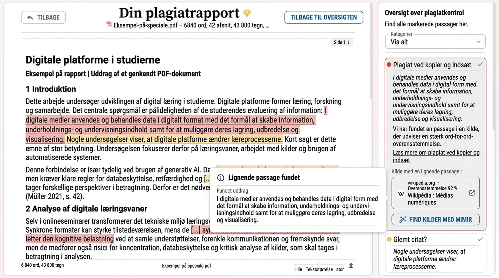 Plagiat Tjek 5 Illustration af en plagiatrapport fra Mimir Mentor