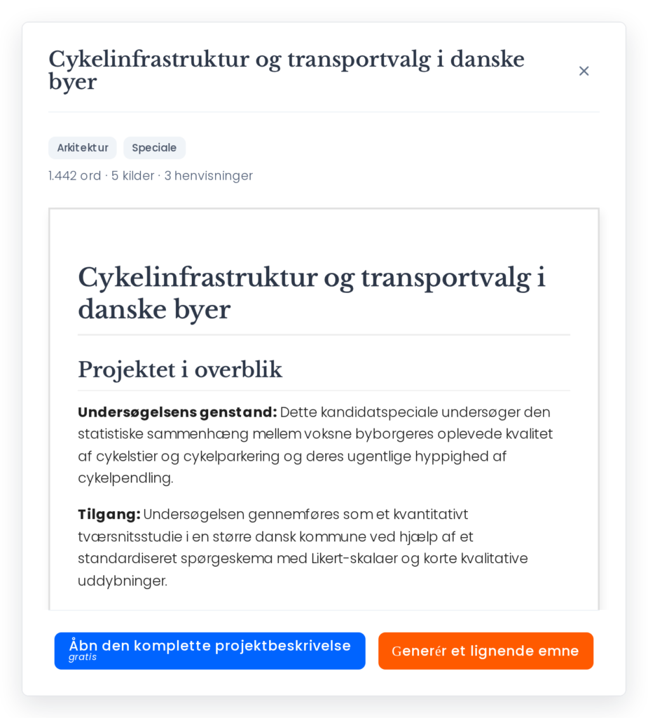 Forhåndsvisning af et eksempel på en projektbeskrivelse til et speciale med antal ord, kilder og citater