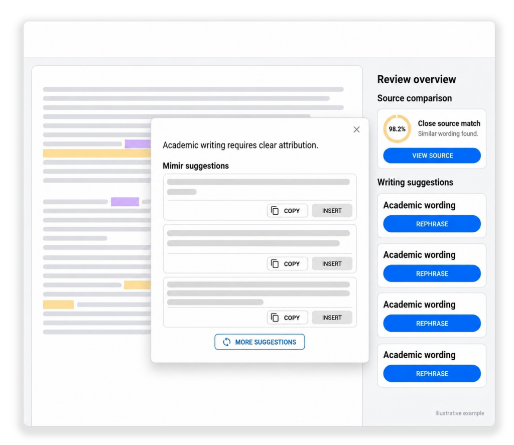 Plagiarism Checker 13 Illustrative Mimir Mentor review interface with source matches and academic wording suggestions.