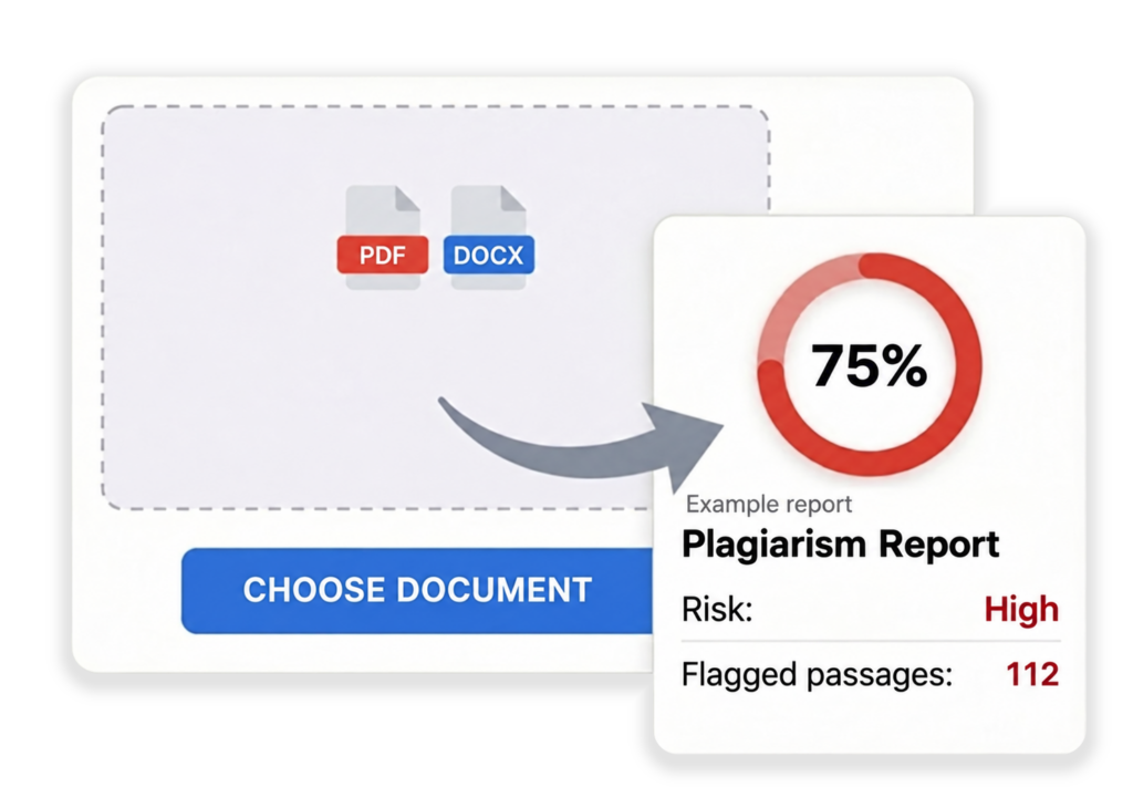 Plagiarism Checker 8 Illustrative document upload and example plagiarism report.