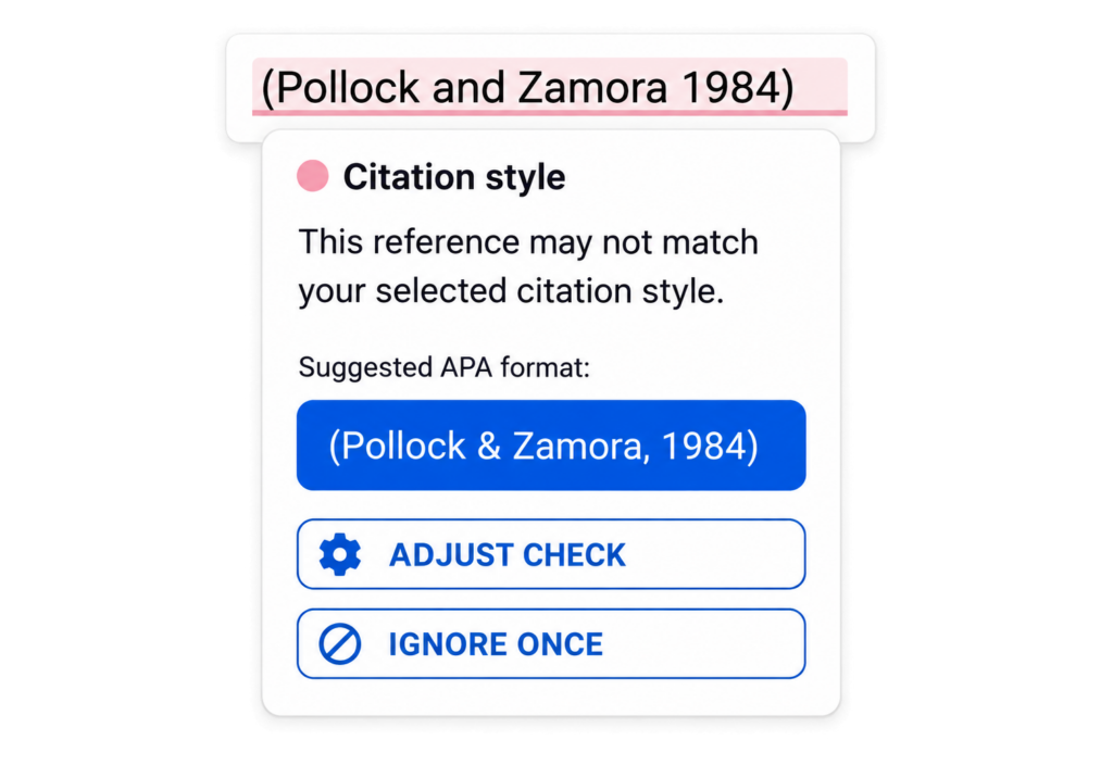 Academic Grammar Checker 11 Mimir Mentor citation-style suggestion showing an APA in-text citation correction