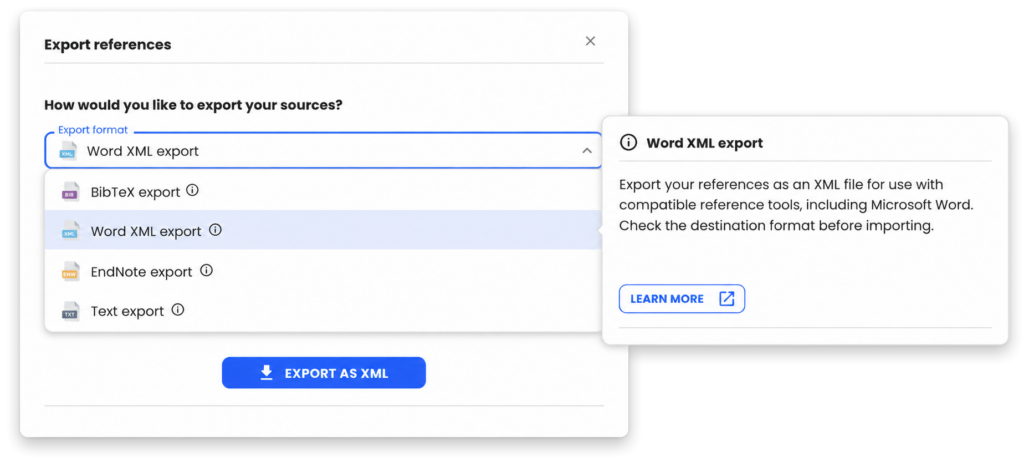 Mimir Mentor: Reference export menu with BibTeX, Word XML, EndNote and plain-text options.