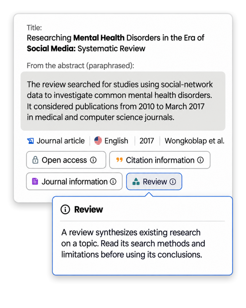 Mimir Mentor: Research source card with abstract, publication details and a review-type explanation.