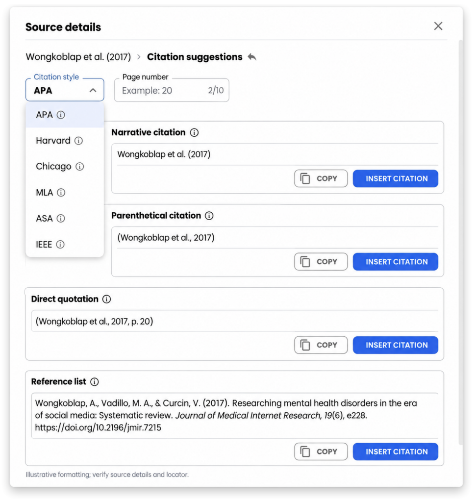Mimir Mentor: Citation suggestions showing narrative and parenthetical citations, a direct quotation and a reference-list entry.