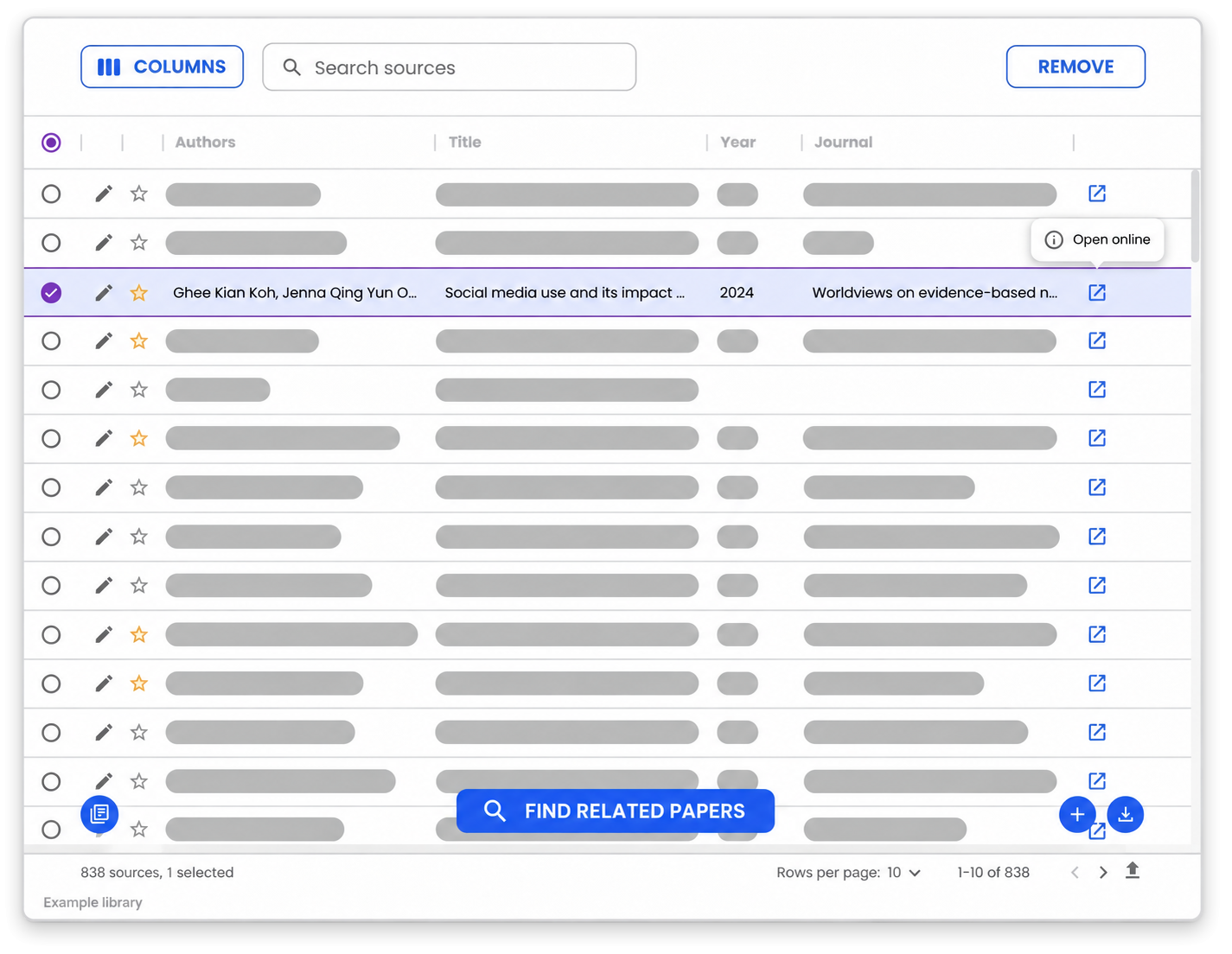 Illustrative Mimir Mentor reference library with saved academic sources