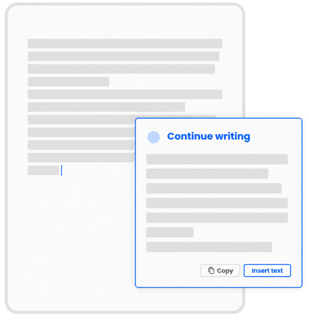 Mimir Mentor writing assistant showing the Continue writing tool and an editable paragraph.