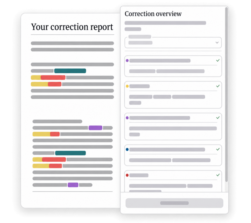 Plagiarism Checker 10 Mimir Mentor correction report with highlighted passages and a correction overview