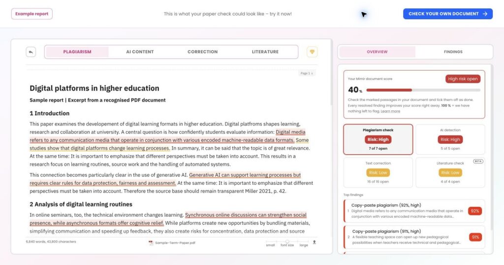 Plagiarism Checker 12 Mimir Mentor English sample report overview with plagiarism, AI, correction and literature checks