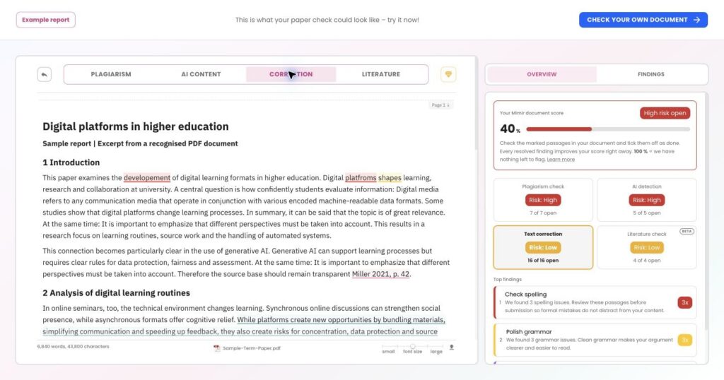 Academic Grammar Checker 15 Actual Mimir Mentor English correction sample report with highlighted text and issue overview