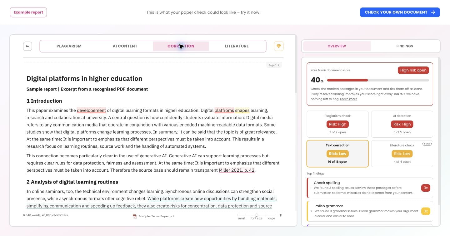 Academic Grammar Checker 4 English sample correction report with highlighted text and issue explanations