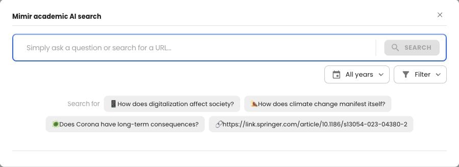 Actual Mimir Mentor English academic literature search with question, URL and filter controls
