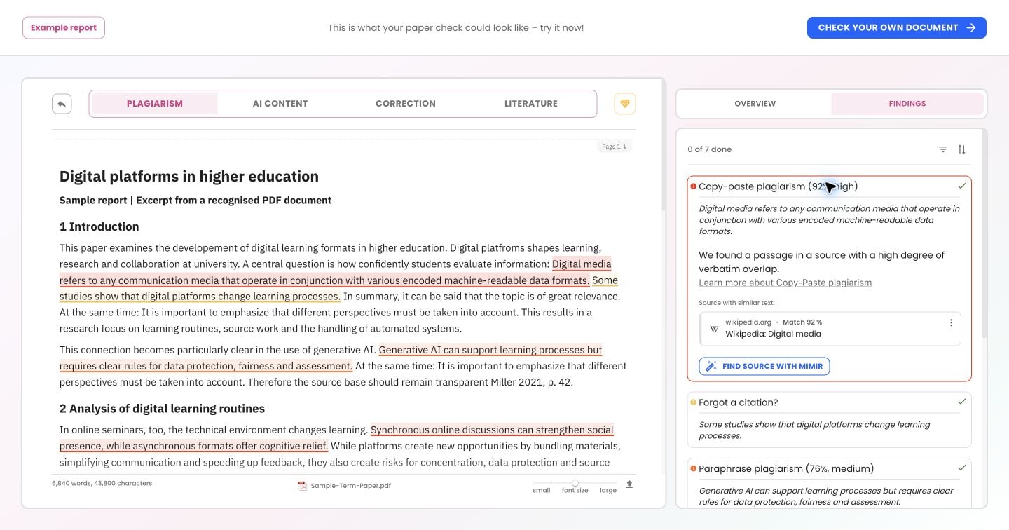 Plagiarism Checker 2 Mimir Mentor English demonstration report