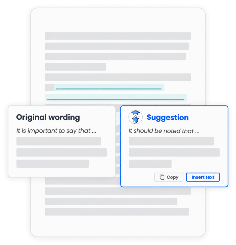 Academic Grammar Checker 12 Original wording and an academic rephrasing suggestion side by side in Mimir Mentor