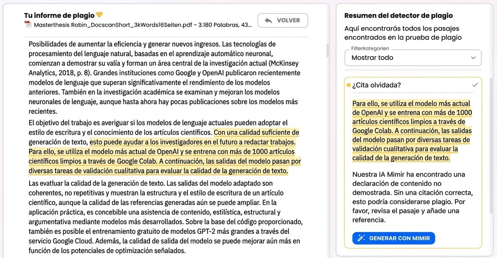 Afirmaciones Sin Fuente: Por Qué Son Un Problema En Los Trabajos Académicos 2 Mimir marca las afirmaciones sin fuente en el informe y muestra al lado la búsqueda bibliográfica adecuada