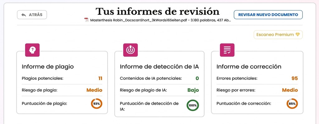 Resumen del informe de Mimir con marcas de IA y coincidencias de plagio