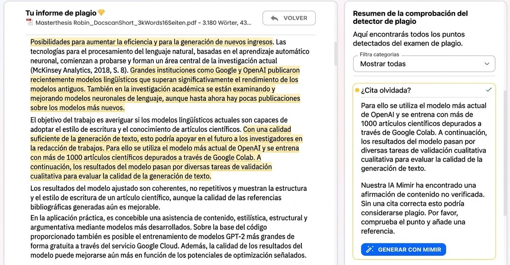 Mimir Mentor también marca con IA las afirmaciones sin fuente del texto y sugiere fuentes adecuadas