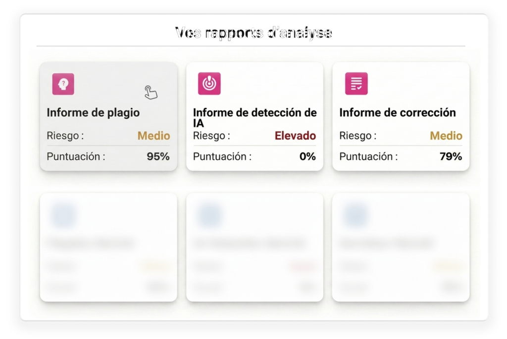 Detector De Plagio 15 Ilustración de los informes de plagio, detección de IA y corrección con puntuaciones de 95 %, 0 % y 79 %.
