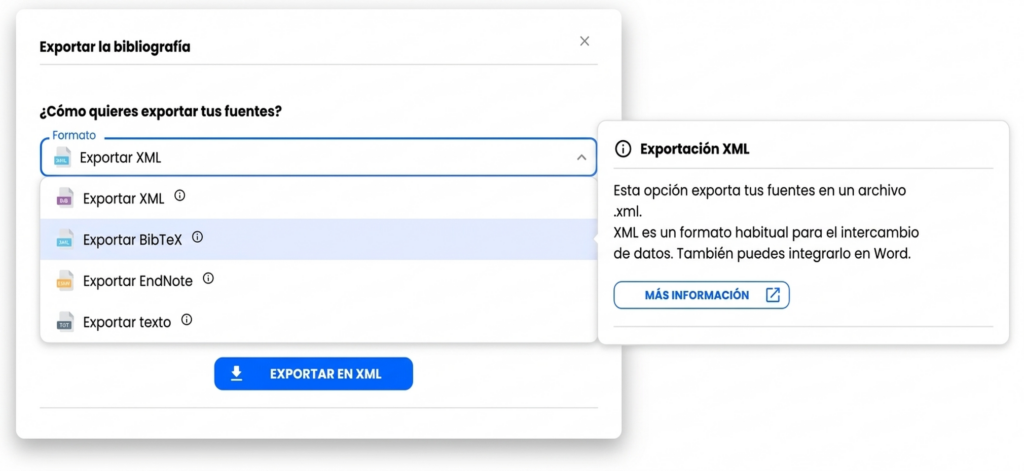 Búsqueda Bibliográfica Con Ia 14 Exportación de la bibliografía en XML, BibTeX, EndNote o texto.