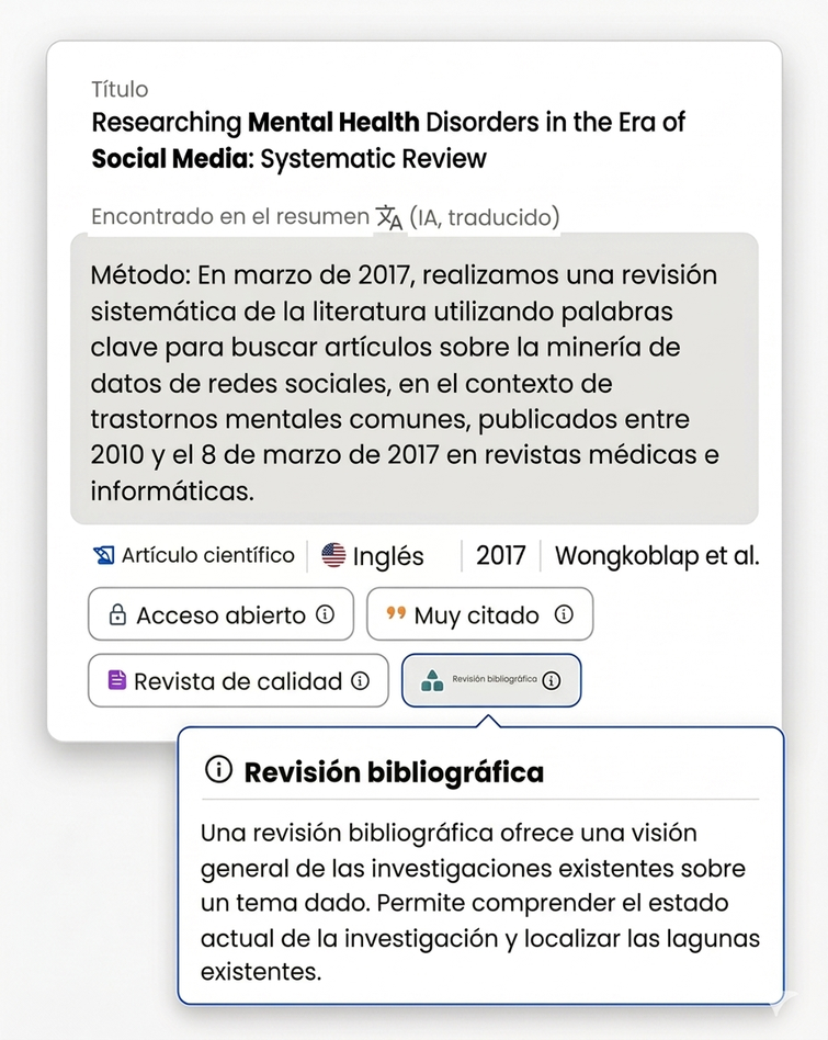 Búsqueda Bibliográfica Con Ia 11 Detalles de una fuente con resumen traducido y datos bibliográficos.