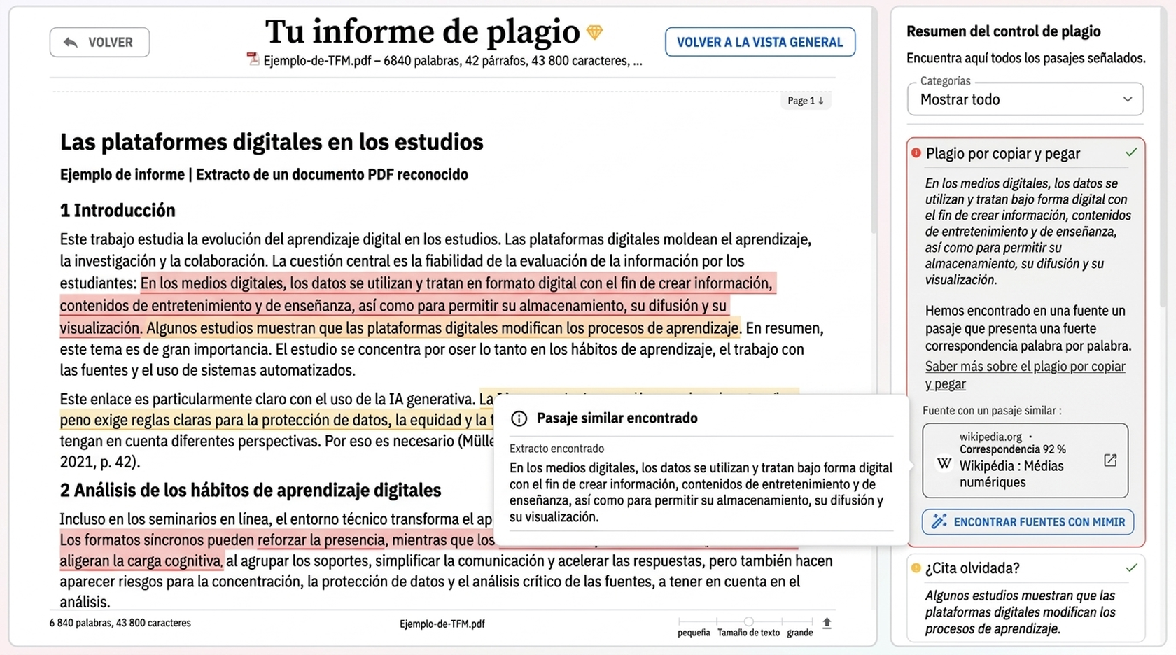 Detector De Plagio 5 Vista previa ilustrativa de un informe de plagio de Mimir Mentor