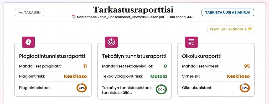 Kandidaatintutkielman Plagiointi: Näin Varmistat Työsi Ennen Palautusta 1 Mimirin raportin yhteenveto, jossa näkyvät tekoälymerkinnät ja plagiointiosumat