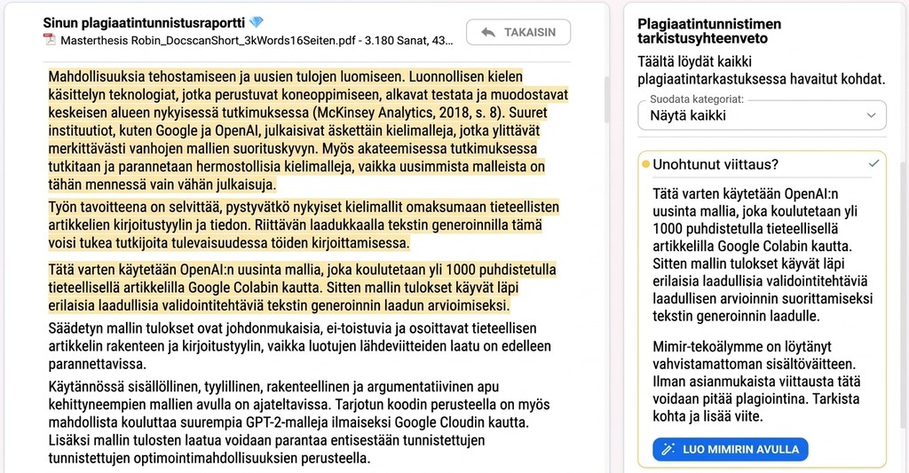 Lähdeviite Unohtui: Onko Se Jo Plagiointia? 1 Mimir Mentor merkitsee tekoälyn avulla myös tekstin lähteettömät väitteet ja ehdottaa sopivia lähteitä