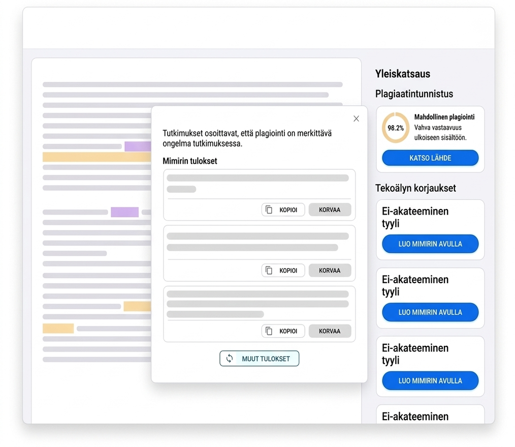 Plagiaattitarkistuksen käyttöliittymä, jossa on 98,2 % vastaavuus, epäakateemisen tyylin korjauksia sekä painikkeet kopiointiin ja korvaamiseen.