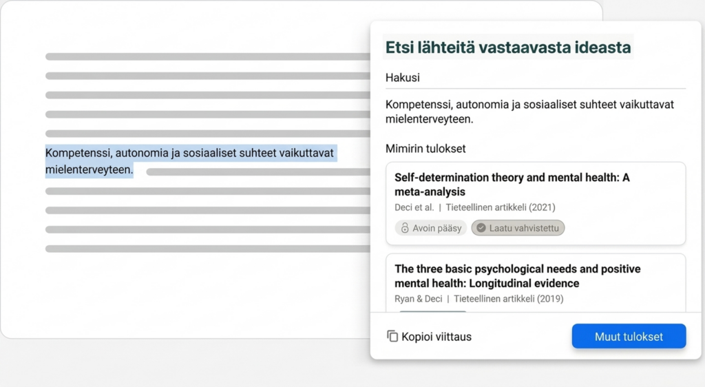 Lähteiden haku samankaltaisesta ideasta, ote ja kirjallisuustulokset.