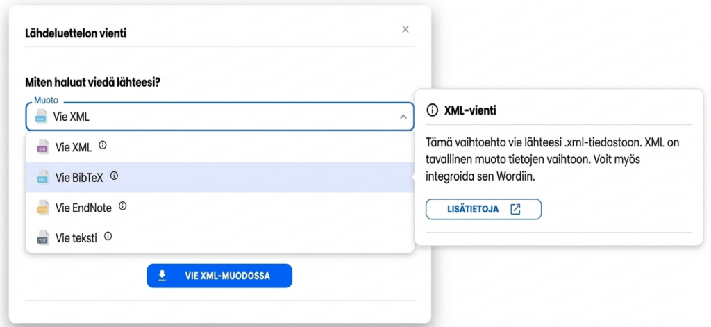 Tiedonhaku Ja Lähdeviitteet Tekoälyllä 14 Lähdeluettelon vienti XML, BibTeX, EndNote tai tekstimuodossa.