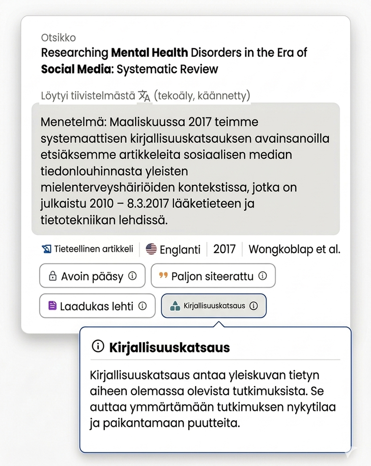 Tiedonhaku Ja Lähdeviitteet Tekoälyllä 11 Lähteen tiedot käännetyn tiivistelmän ja bibliografisten tietojen kanssa.