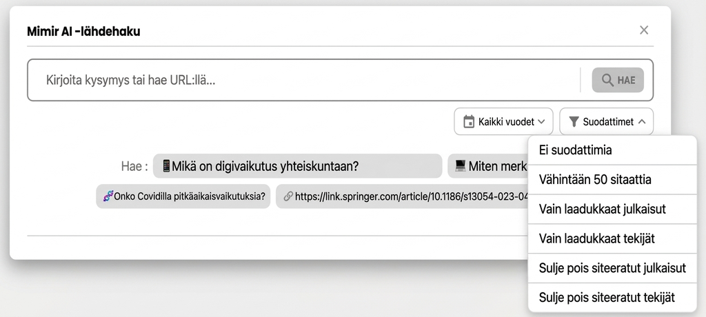 Tiedonhaku Ja Lähdeviitteet Tekoälyllä 10 Kirjallisuushaku tekoälyllä: kysymys, suodattimet ja ehdotukset.