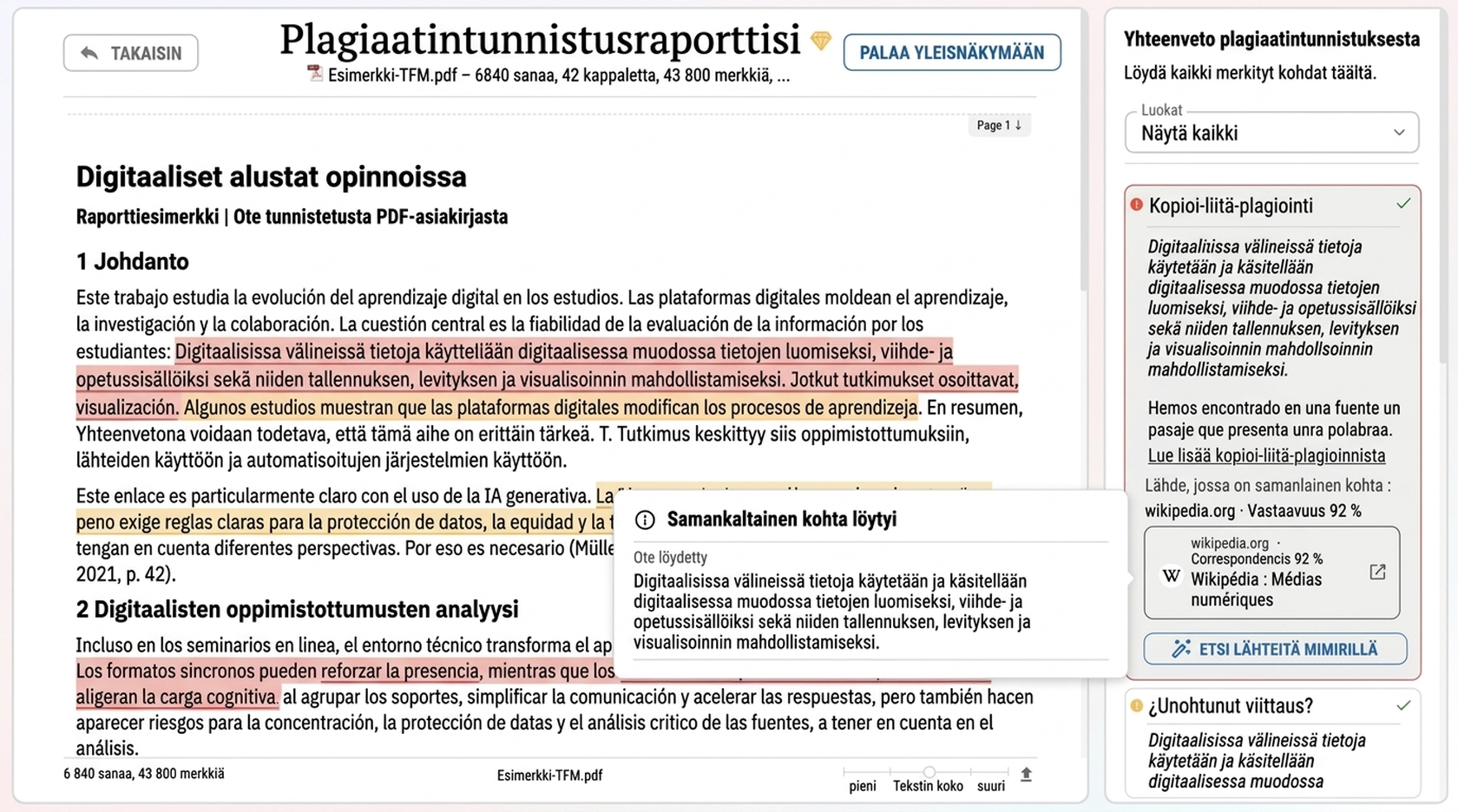 Havainnollistava esikatselu Mimir Mentorin plagiaattiraportista