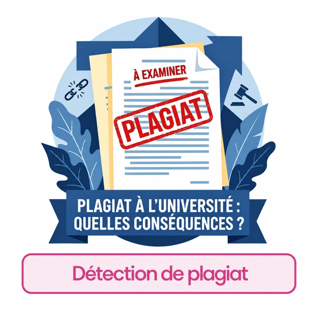 Un dossier marqué « Plagiat » et « À examiner » illustre une procédure universitaire.