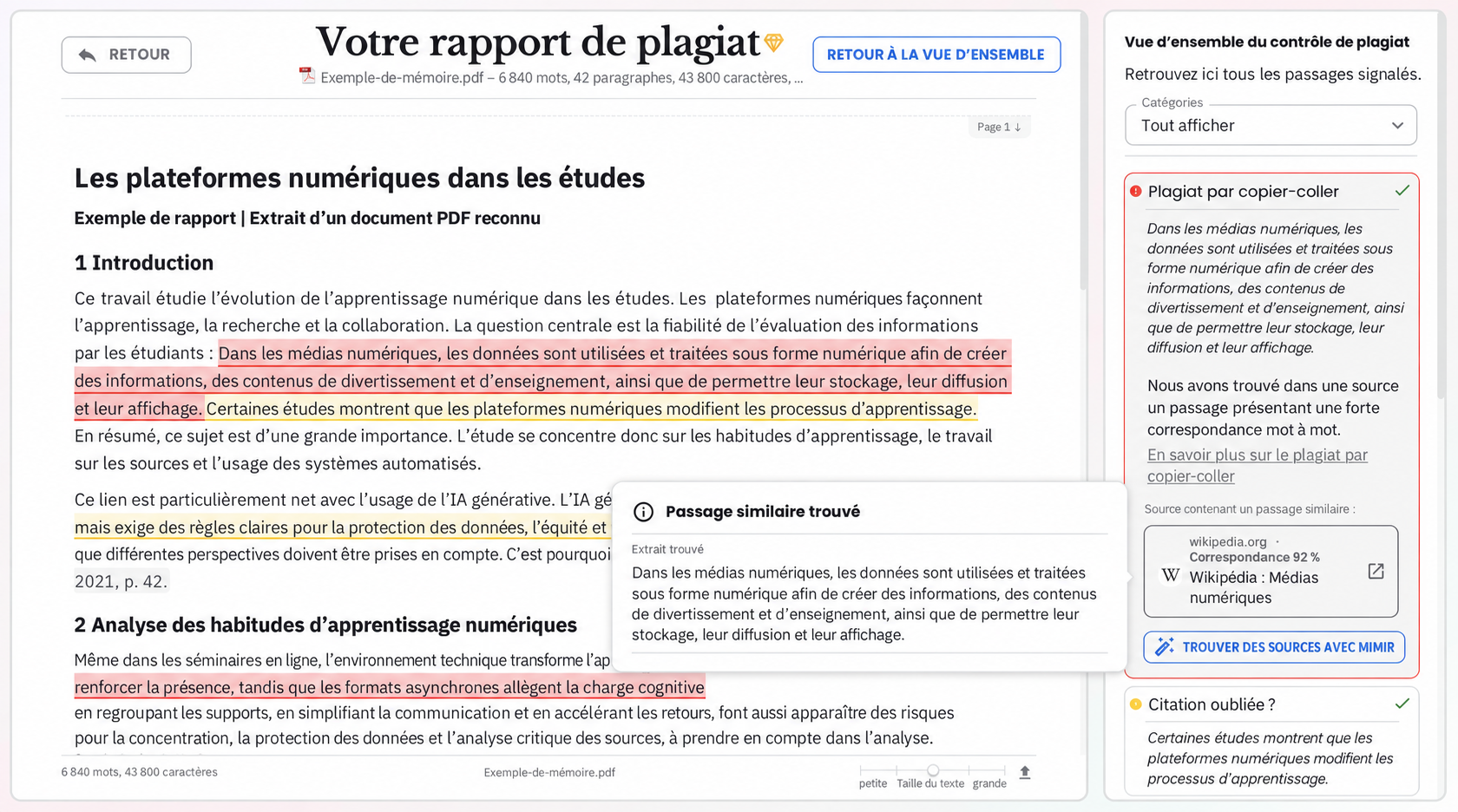 Détecteur De Plagiat 5 Aperçu illustratif du rapport de plagiat en français