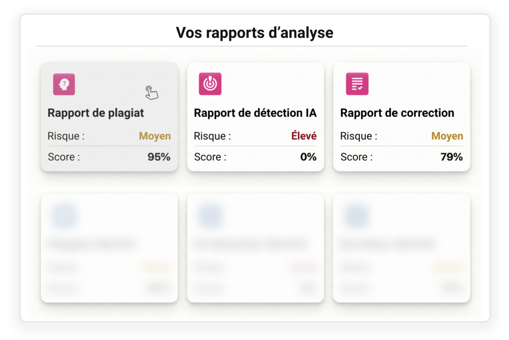 Détecteur De Plagiat 15 Illustration des rapports de plagiat, de détection IA et de correction avec les scores 95 %, 0 % et 79 %.