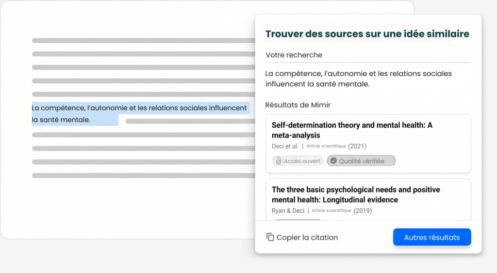 Recherche de sources sur une idée similaire, avec extrait et résultats bibliographiques.
