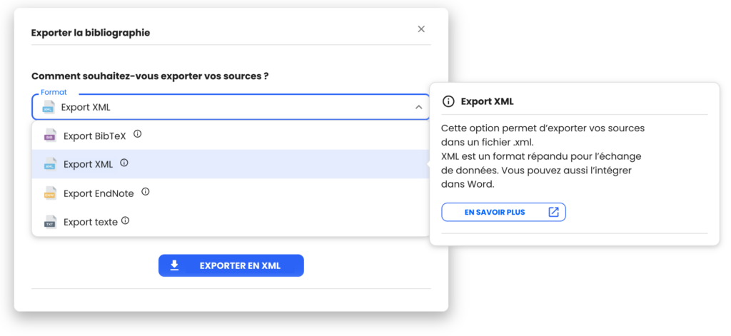 Recherche Bibliographique Avec Ia 14 Export de la bibliographie aux formats XML, BibTeX, EndNote ou texte.