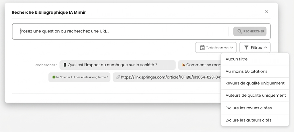 Recherche Bibliographique Avec Ia 10 Interface de recherche bibliographique avec question, filtres et suggestions en français.